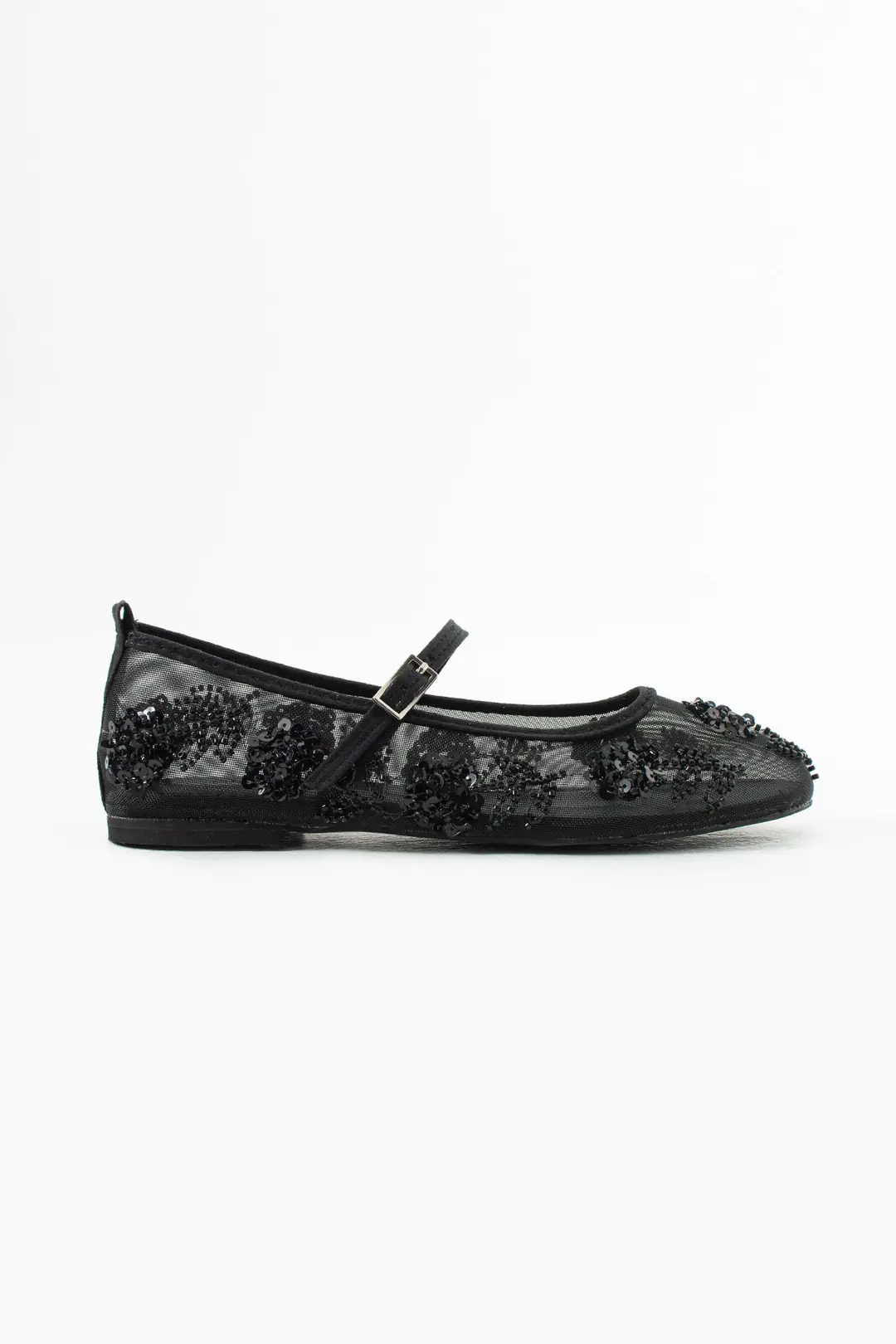 Women'S Black Stone Detailed Mesh Flats Mary Jane Işıltılı Payetli