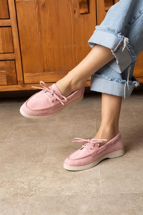 Kadın Pudra Süet Düz Taban Bağcıklı Loafer Günlük Ayakkabı Bonk