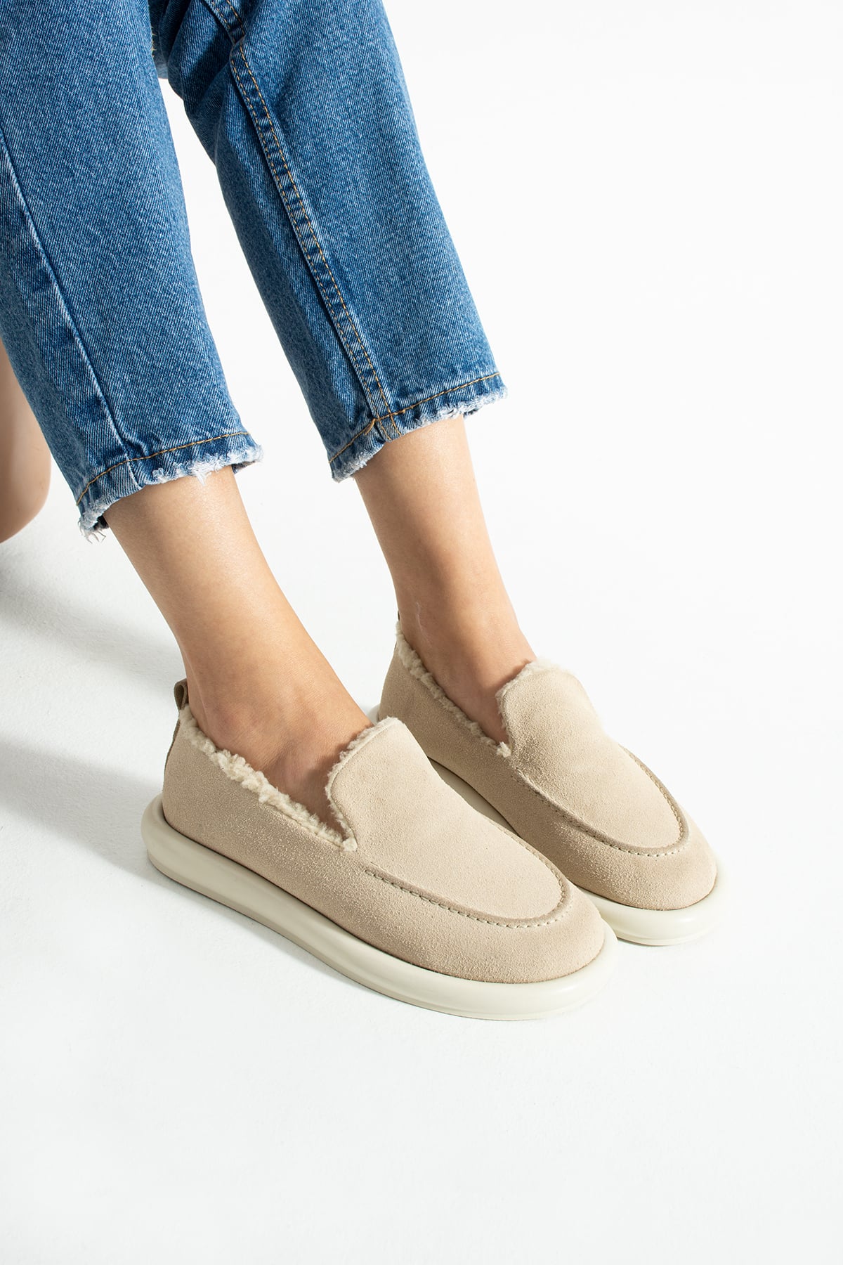  Kadın Süet Loafer Makosen  Günlük Ayakkabı Tornus Bej
