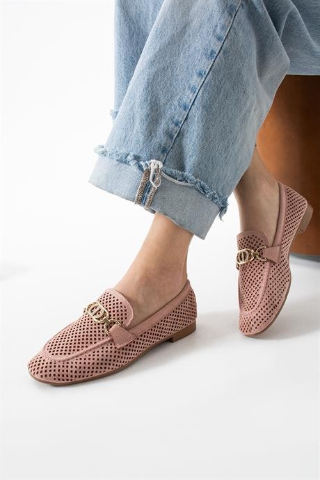 Kadın Yazlık Delikli Loafer Günlük Ayakkabı Sariva Pudra
