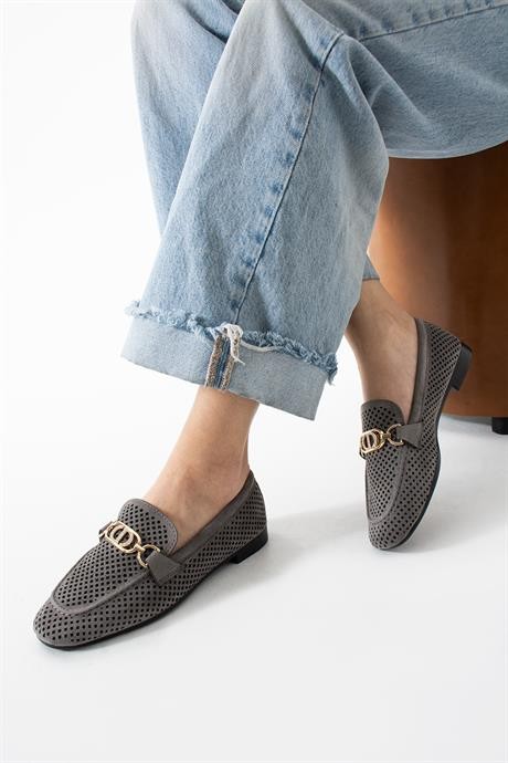 Kadın Yazlık Delikli Loafer Günlük Ayakkabı Sariva Gri
