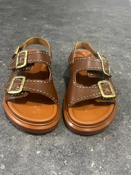 Kadın Taba çift kemer tokalı taşlı düz taban ortopedik sandalet Voila