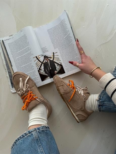 Kadın Vizon Hakiki Deri Süet Çift Bağcıklı Renkli Sneaker Spor Ayakkabı Olessa