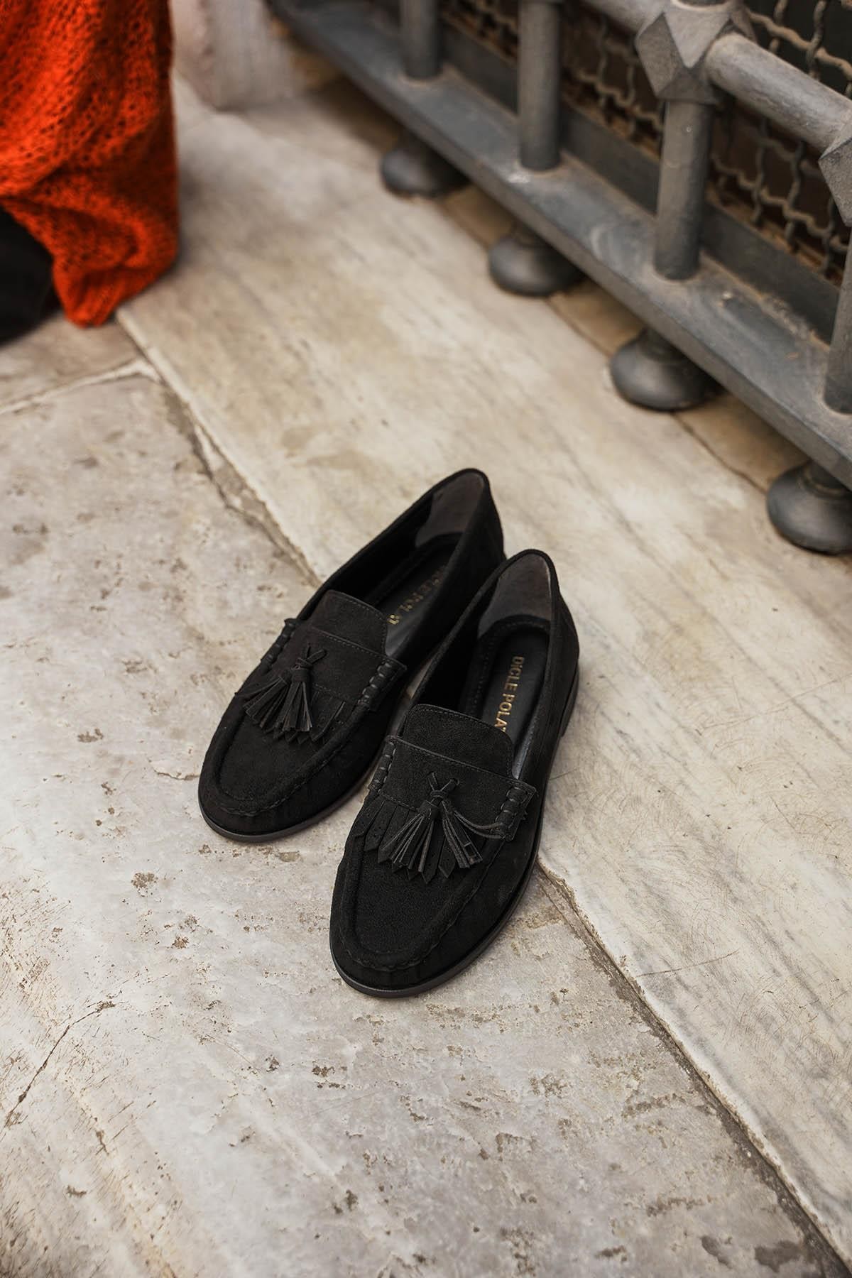 Kadın Süet Loafer Püsküllü Günlük Ayakkabı Belza Bej - Siyah