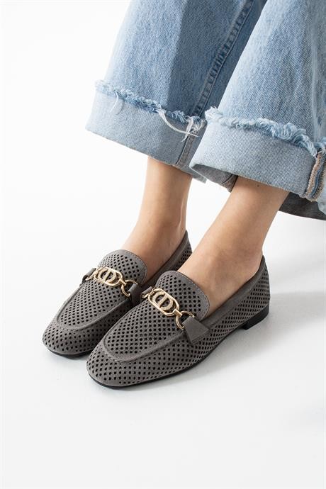 Kadın Yazlık Delikli Loafer Günlük Ayakkabı Sariva Gri