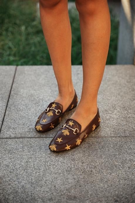 Kadın Loafer Nakışlı Günlük Makosen Ayakkabı Forela Kahve