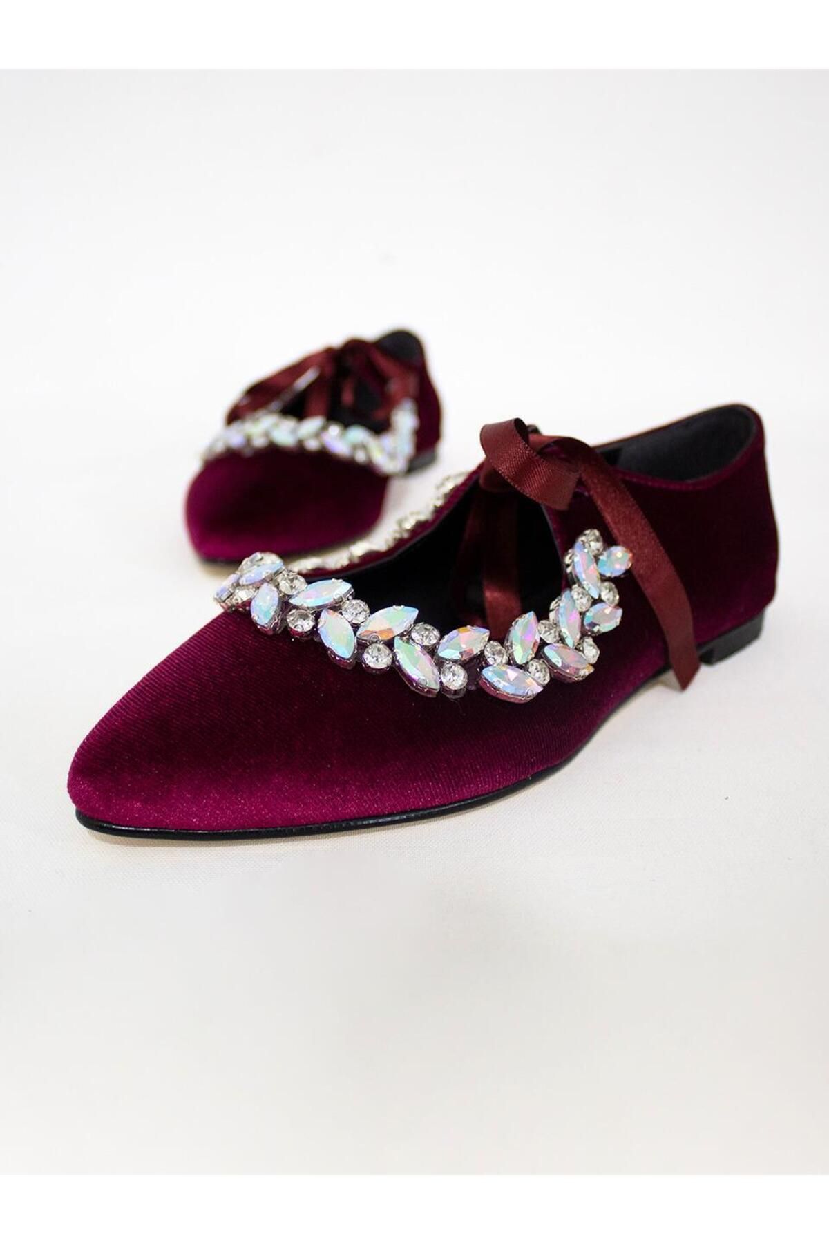 Velvet Bordo Kadife Taşlı  Bağlama Detay Kadın Babet