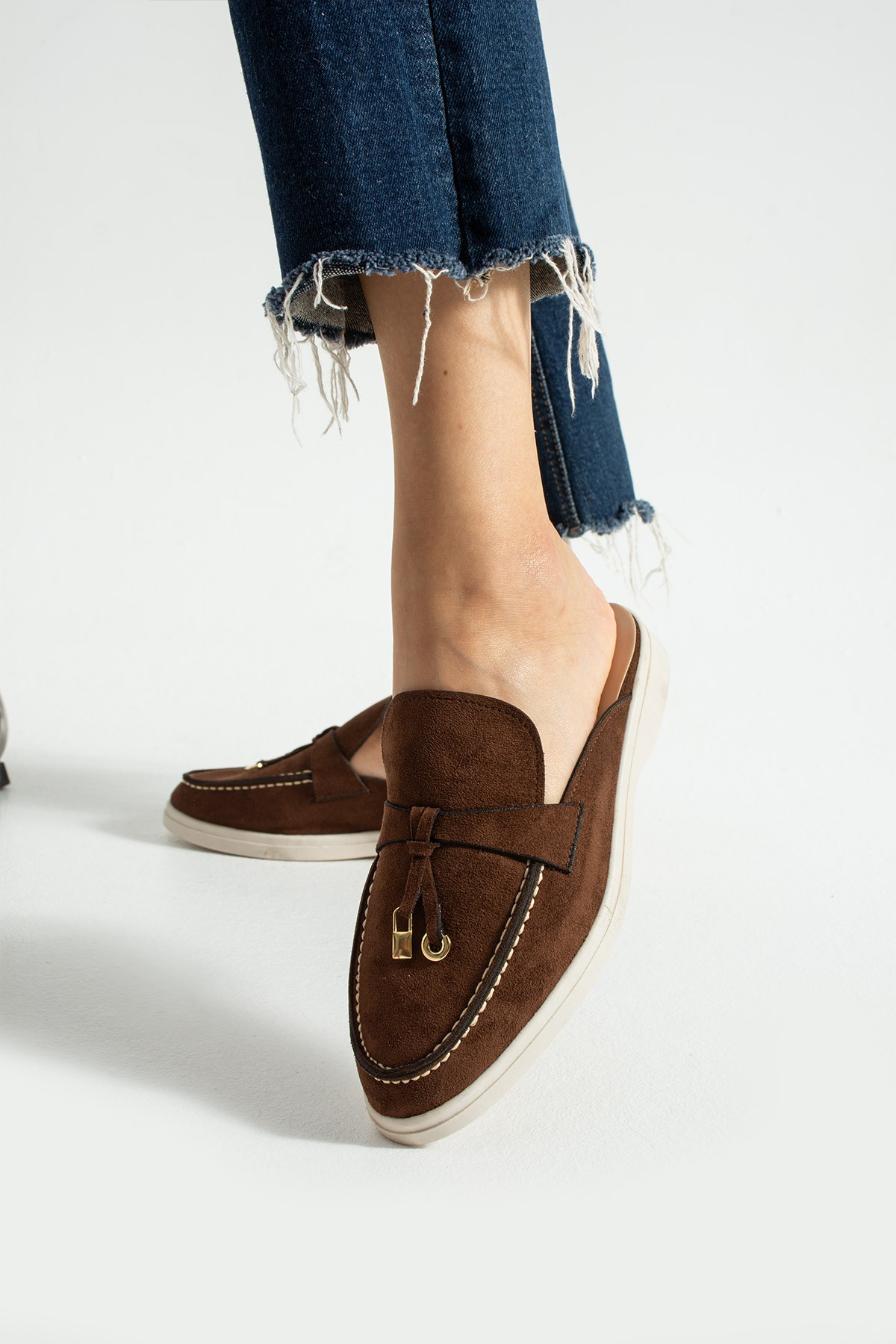 Kadın Kahve Süet Slip-On Loafer Kadın Terlik Luna