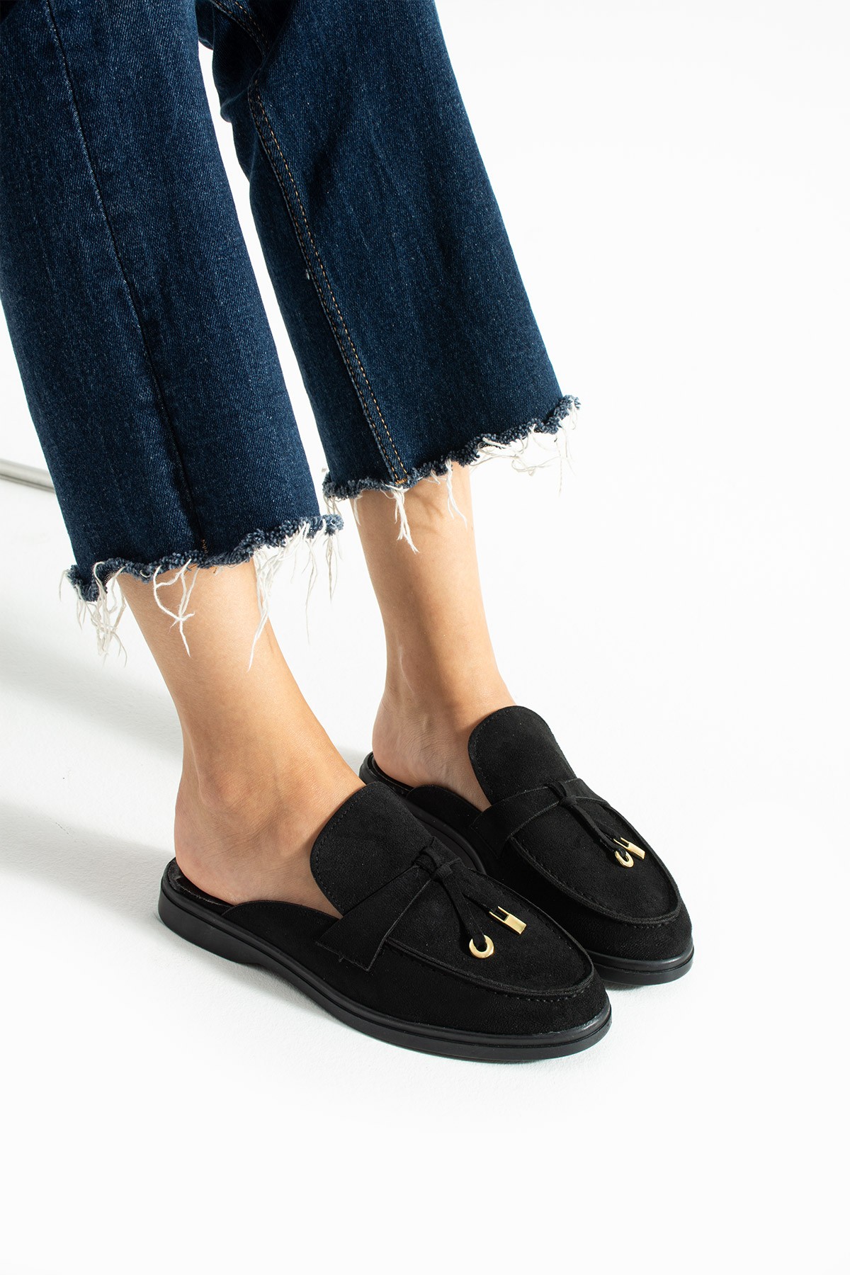 Kadın Siyah Süet Slip-On Loafer Kadın Terlik Luna