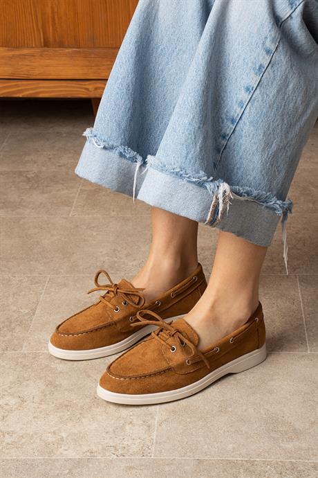 Kadın Taba Süet Düz Taban Bağcıklı Loafer Günlük Ayakkabı Bonk