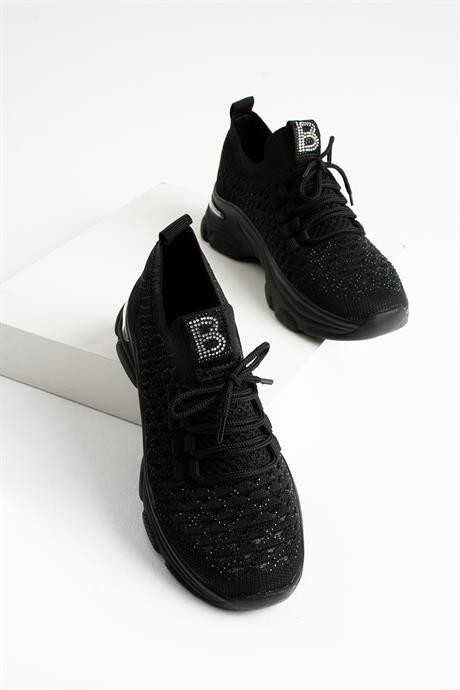 Kadın Sneaker Kalın Taban Bağcıklı Triko Taş Detaylı Spor Ayakkabı Bome Siyah