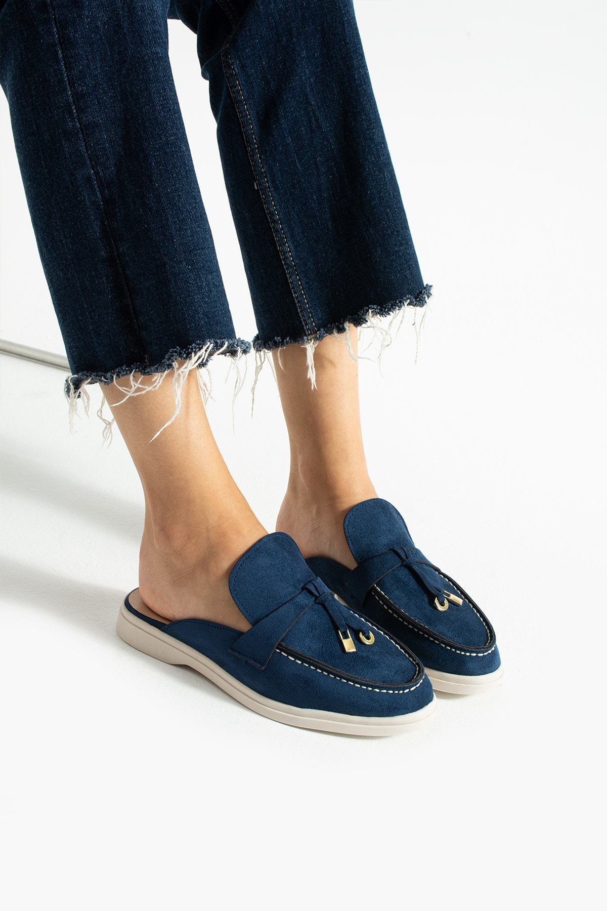 Kadın Lacivert Süet Slip-On Loafer Kadın Terlik Luna
