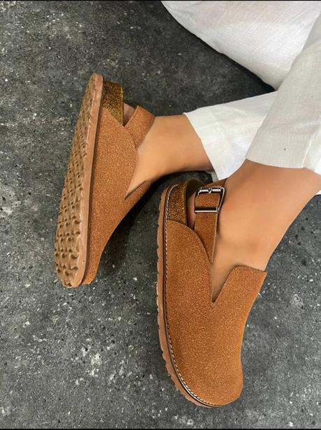 Kadın Taba süet Step Kapalı Burun, Sabo Tarzı, Kemer Detaylı Şık Kadın Terlik