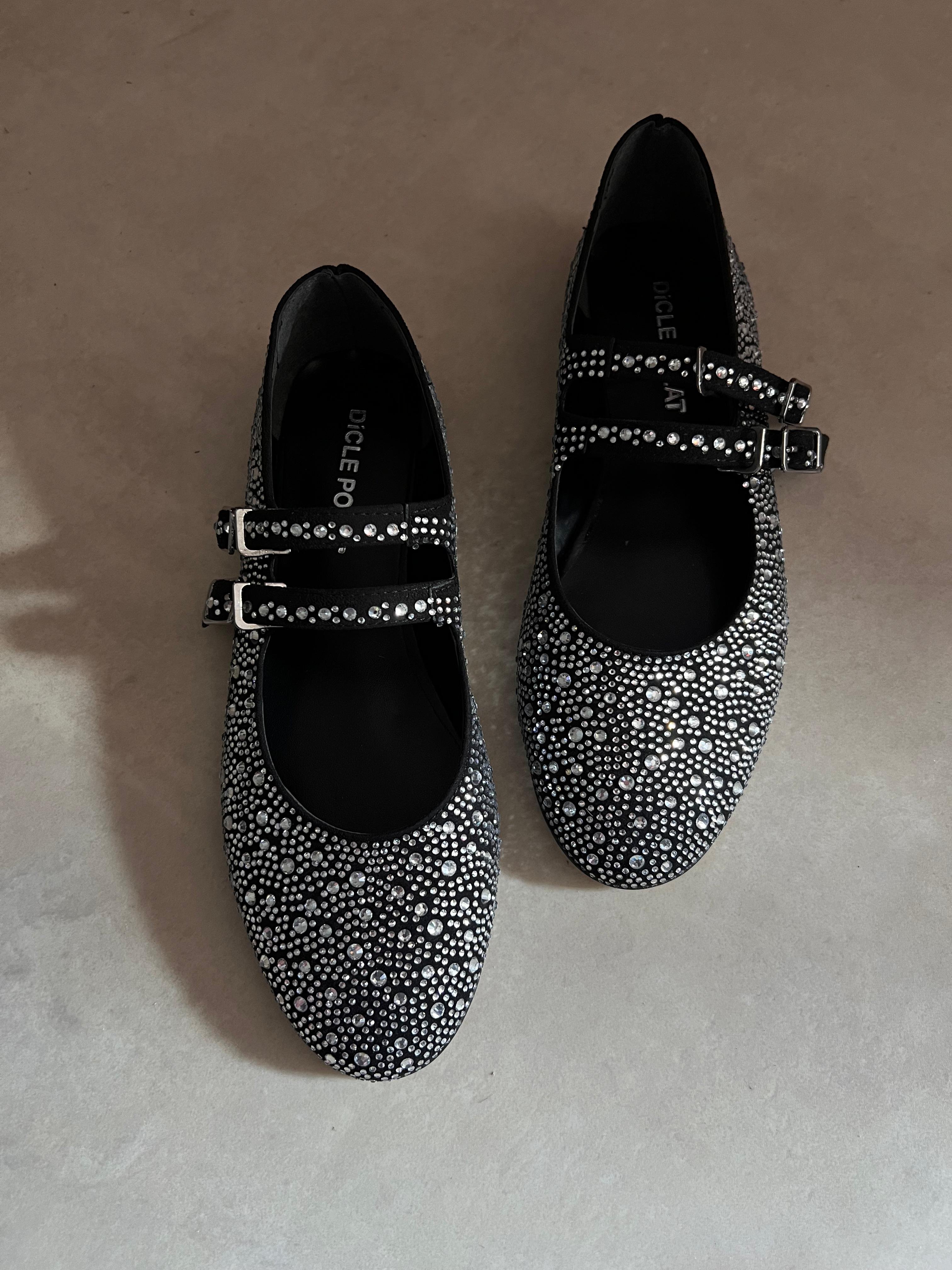 Kadın Siyah Gümüş  Taşlı Mary Jane Babet Crystal
