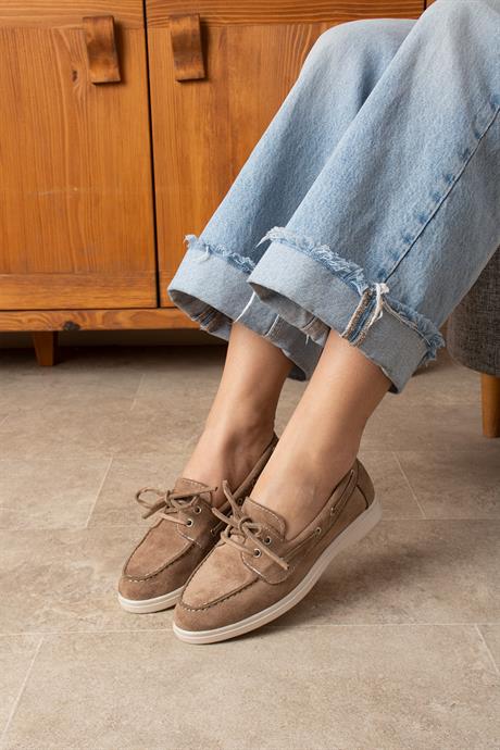 Kadın Vizon Süet Düz Taban Bağcıklı Loafer Günlük Ayakkabı Bonk