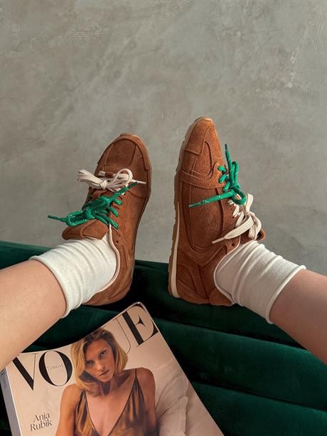 Kadın Taba Hakiki Deri Süet Çift Bağcıklı Renkli Sneaker Spor Ayakkabı Olessa