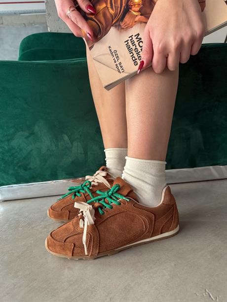 Kadın Taba Hakiki Deri Süet Çift Bağcıklı Renkli Sneaker Spor Ayakkabı Olessa