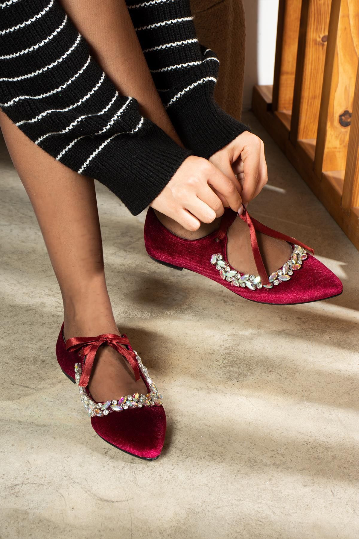 Velvet Bordo Kadife Taşlı  Bağlama Detay Kadın Babet