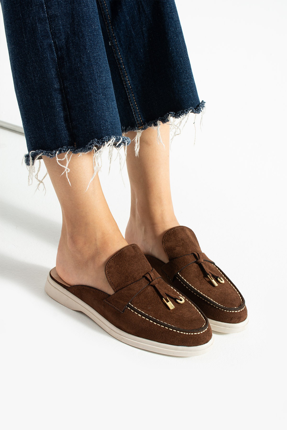Kadın Kahve Süet Slip-On Loafer Kadın Terlik Luna