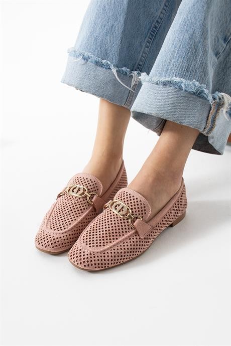 Kadın Yazlık Delikli Loafer Günlük Ayakkabı Sariva Pudra