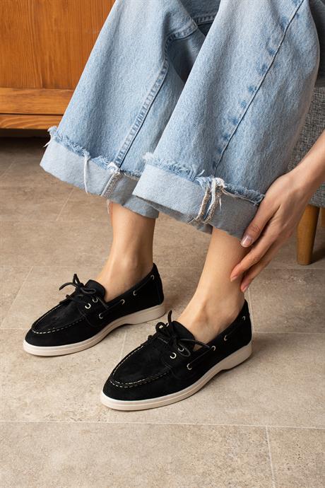 Kadın Siyah Süet Düz Taban Bağcıklı Loafer Günlük Ayakkabı Bonk