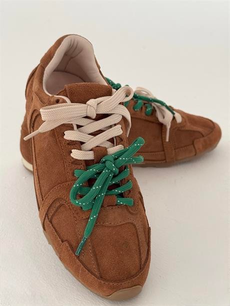 Kadın Taba Hakiki Deri Süet Çift Bağcıklı Renkli Sneaker Spor Ayakkabı Olessa