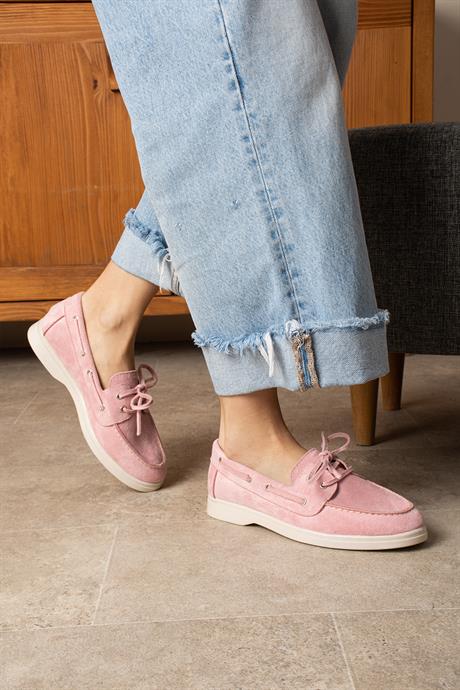Kadın Pudra Süet Düz Taban Bağcıklı Loafer Günlük Ayakkabı Bonk