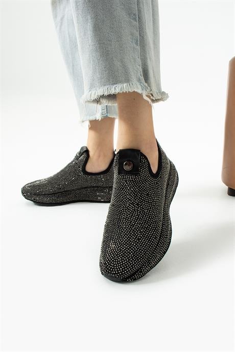 Kadın Sneaker Kalın Taban  Streç Platin Taş Detaylı Spor Ayakkabı Sarge Siyah