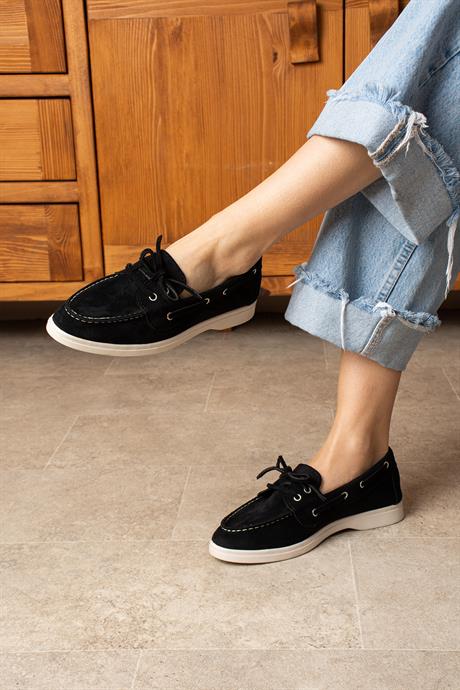 Kadın Siyah Süet Düz Taban Bağcıklı Loafer Günlük Ayakkabı Bonk