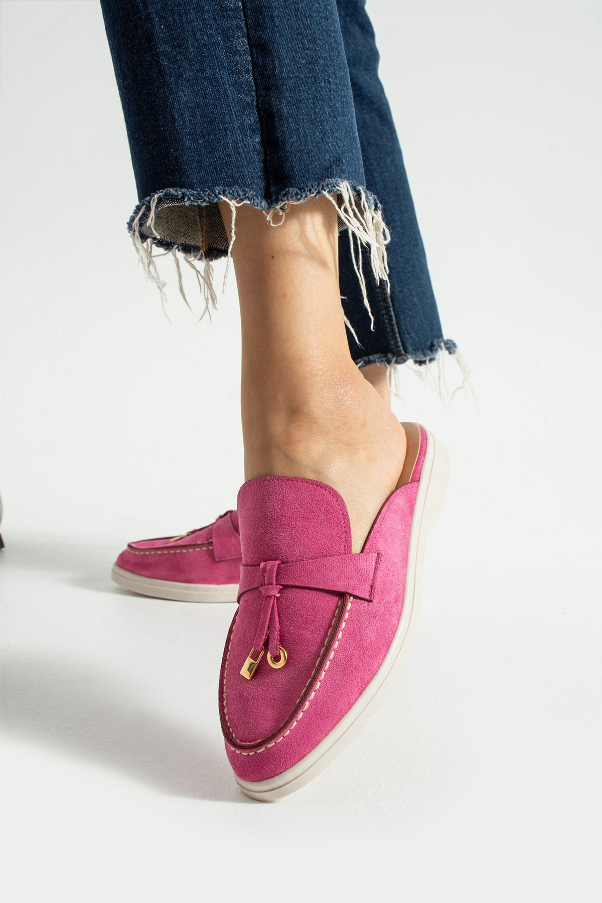 Kadın Fuşya Süet Slip-On Loafer Kadın Terlik Luna