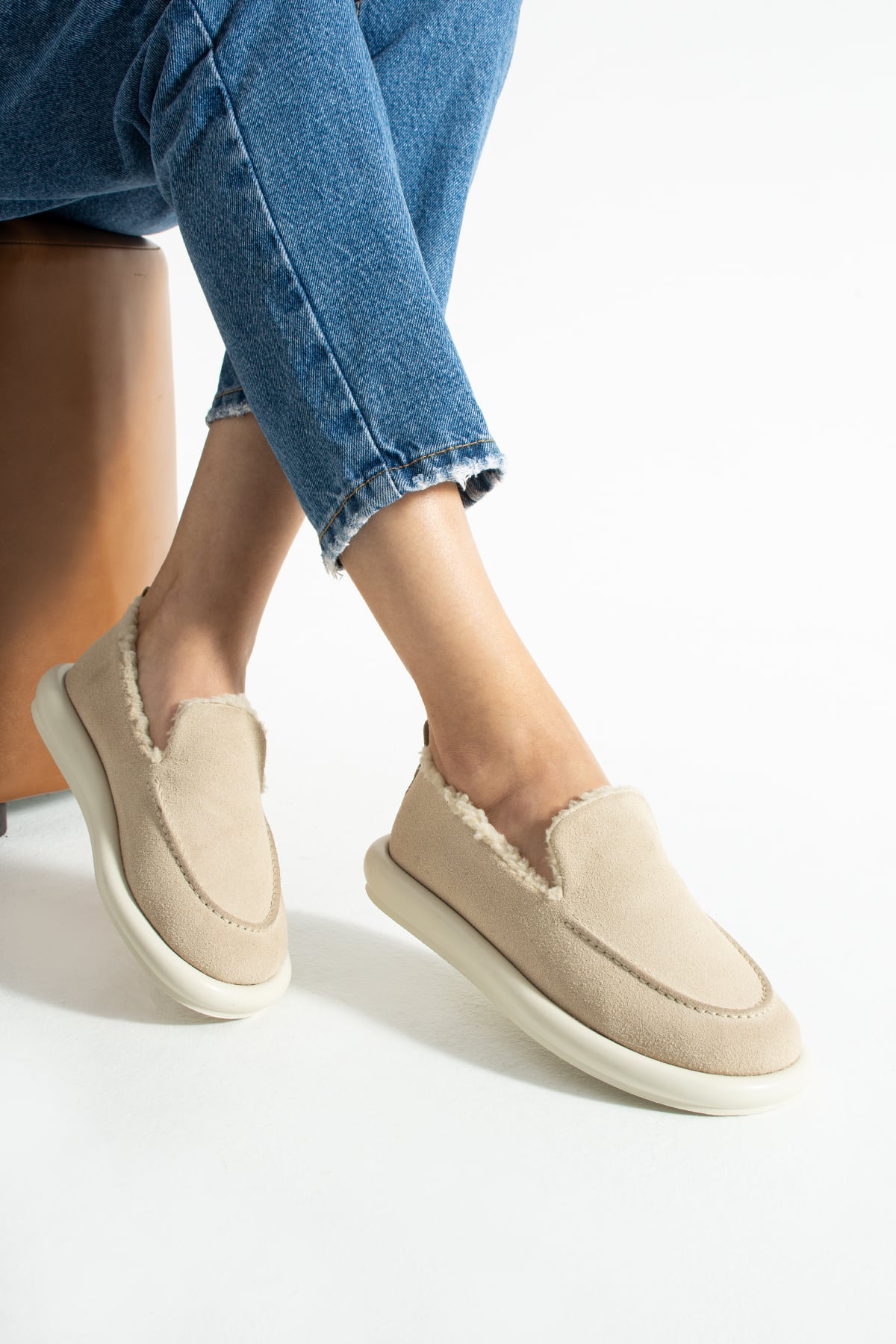  Kadın Süet Loafer Makosen  Günlük Ayakkabı Tornus Bej