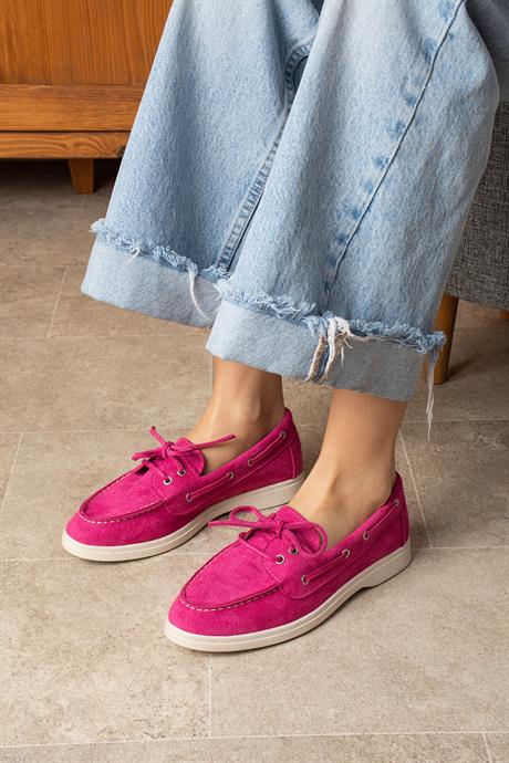 Kadın Fuşya Süet Düz Taban Bağcıklı Loafer Günlük Ayakkabı Bonk