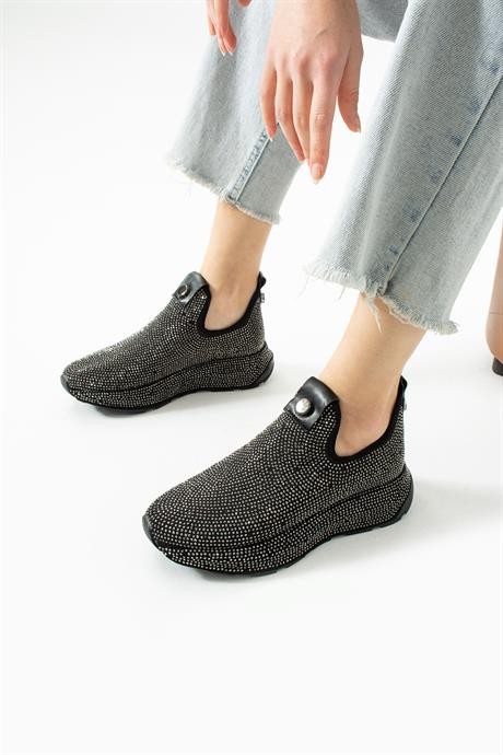 Kadın Sneaker Kalın Taban  Streç Platin Taş Detaylı Spor Ayakkabı Sarge Siyah