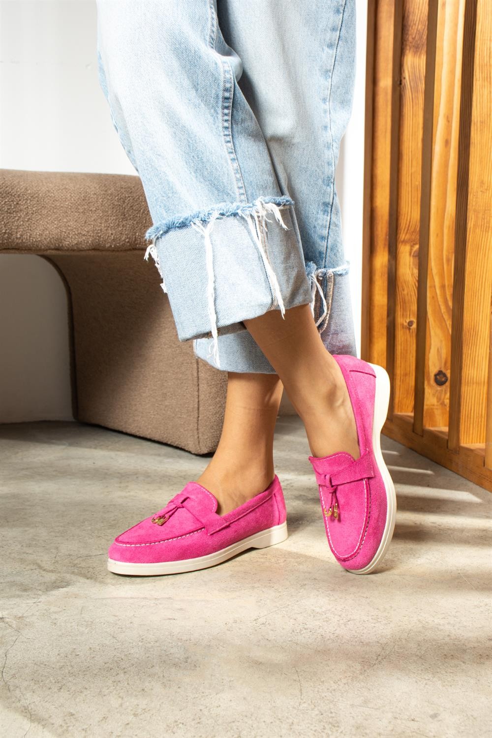 Woller Fuşya Loafer Süet Kadın Ayakkabı