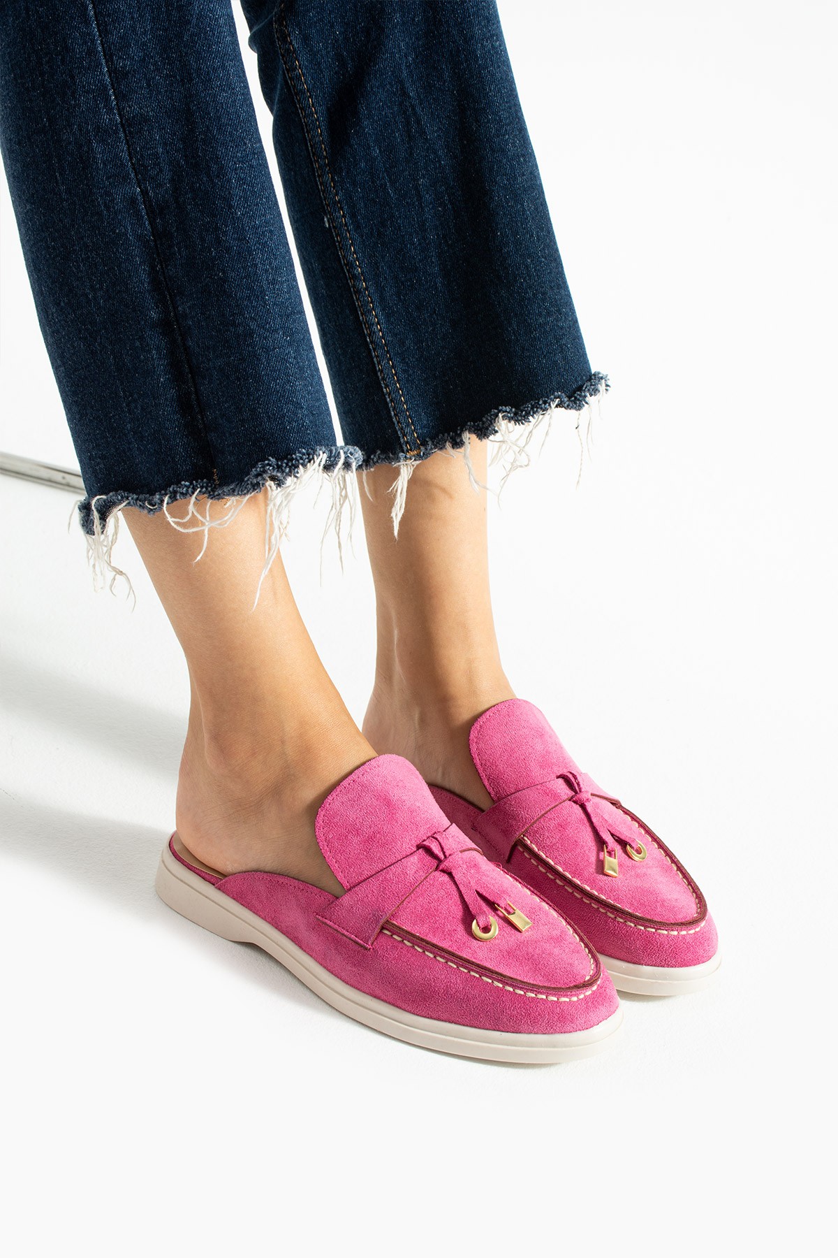 Kadın Fuşya Süet Slip-On Loafer Kadın Terlik Luna