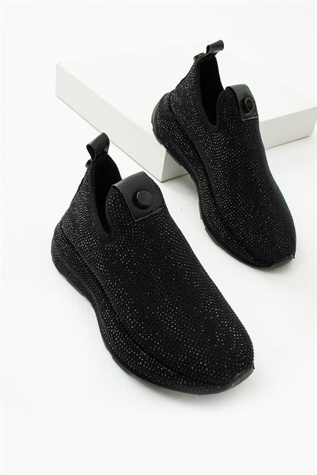 Kadın Sneaker Kalın Taban  Streç Taş Detaylı Spor Ayakkabı Sarge Siyah