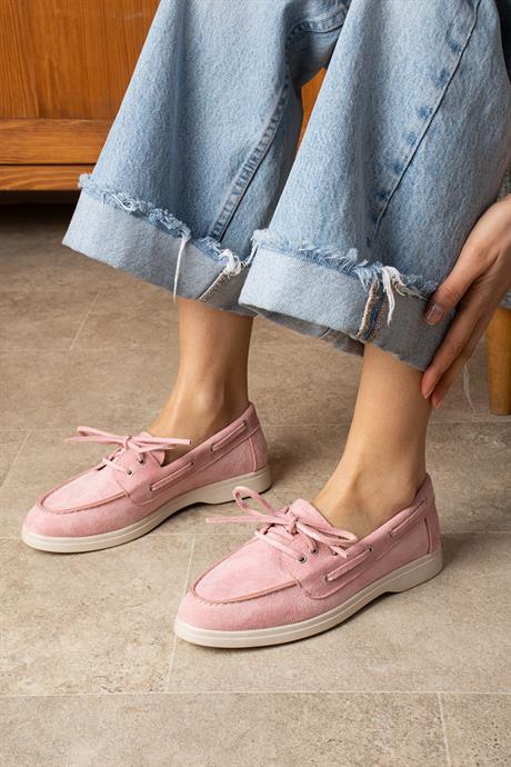 Kadın Pudra Süet Düz Taban Bağcıklı Loafer Günlük Ayakkabı Bonk