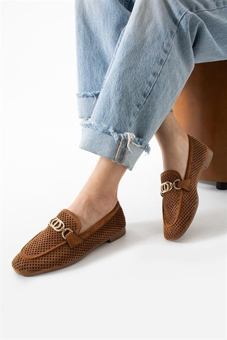 Kadın Yazlık Delikli Loafer Günlük Ayakkabı Sariva Taba