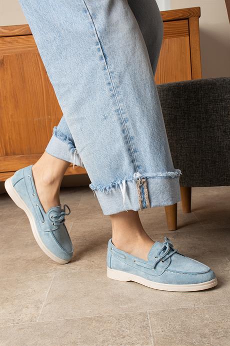 Kadın Bebemavi Süet Düz Taban Bağcıklı Loafer Günlük Ayakkabı Bonk