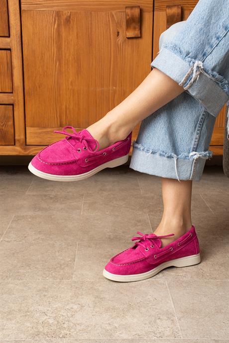Kadın Fuşya Süet Düz Taban Bağcıklı Loafer Günlük Ayakkabı Bonk