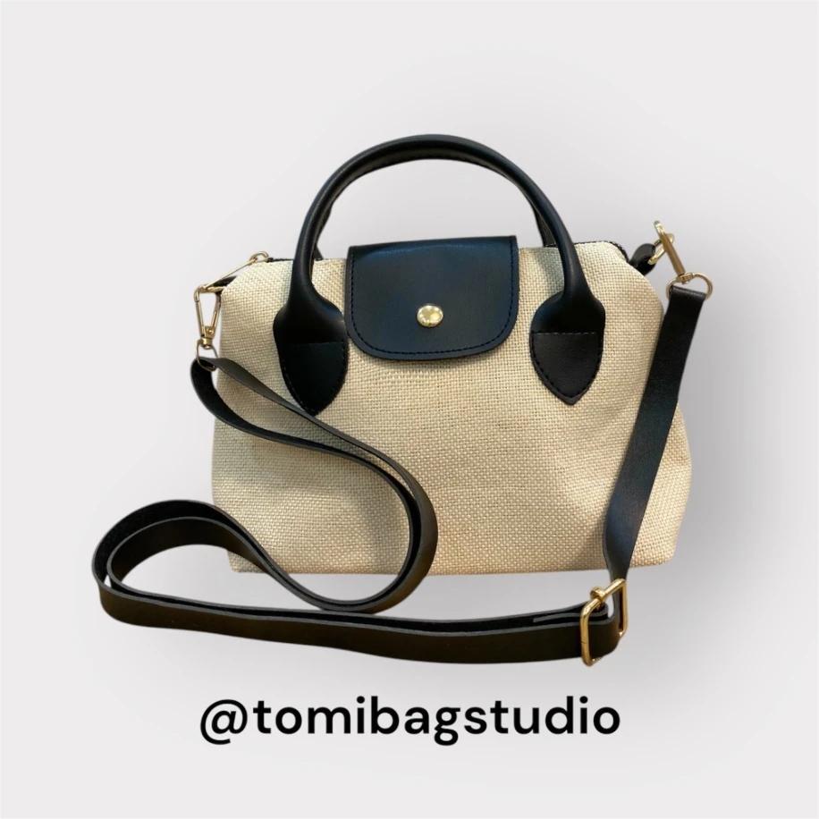 Mini Camp Siyah-Krem Keten El ve Omuz Çantası