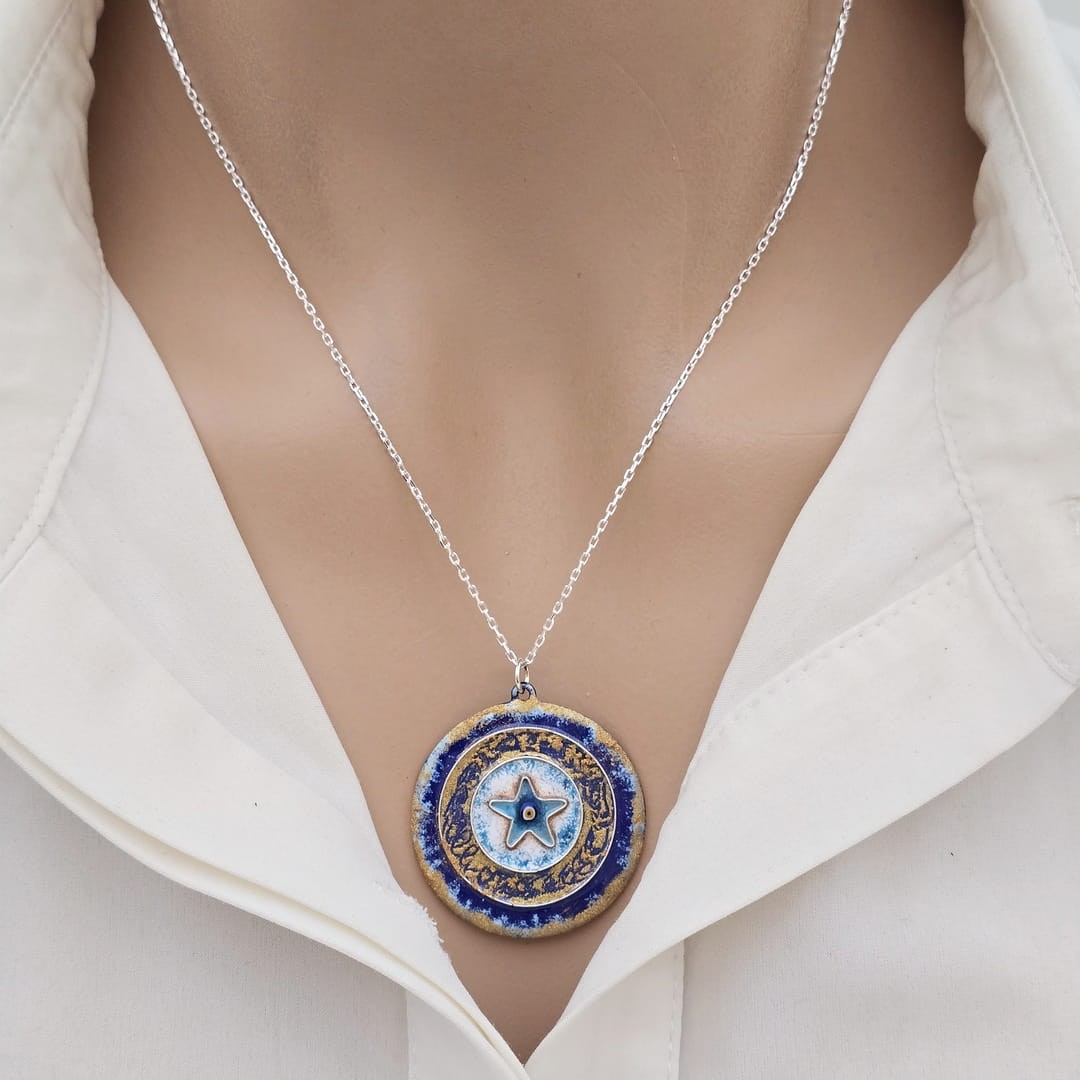 Cloisonné Golden Star Kolye Gümüş Zincirli 