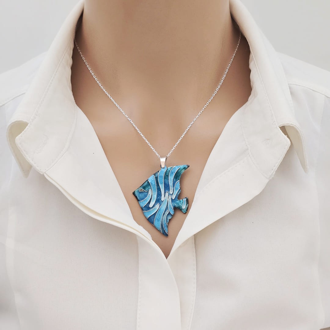 Cloisonné Blau Melek Balığı Kolye Gümüş Zincirli