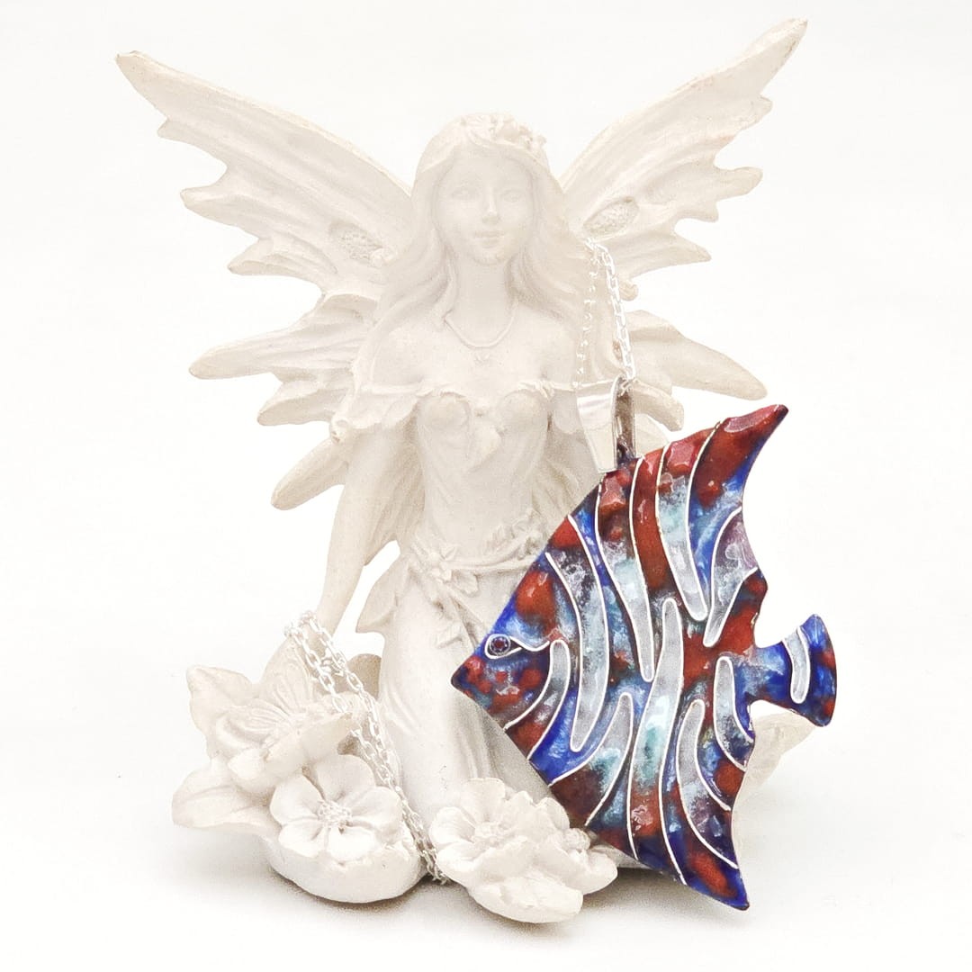 Cloisonné Coral Melek Balığı Kolye Gümüş Zincirli