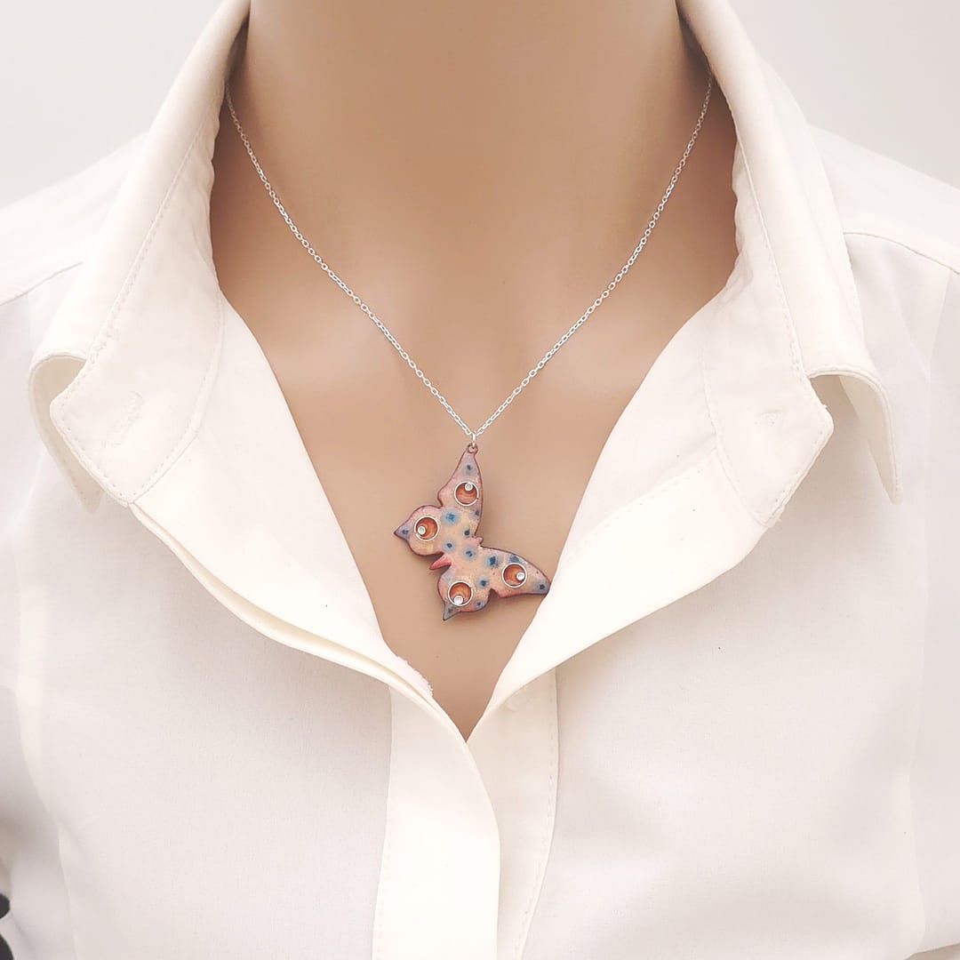 Cloisonné Kelebek Kolye Gümüş Zincirli