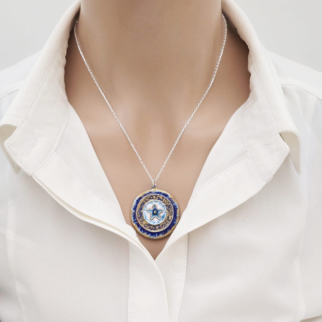 Cloisonné Golden Star Kolye Gümüş Zincirli 