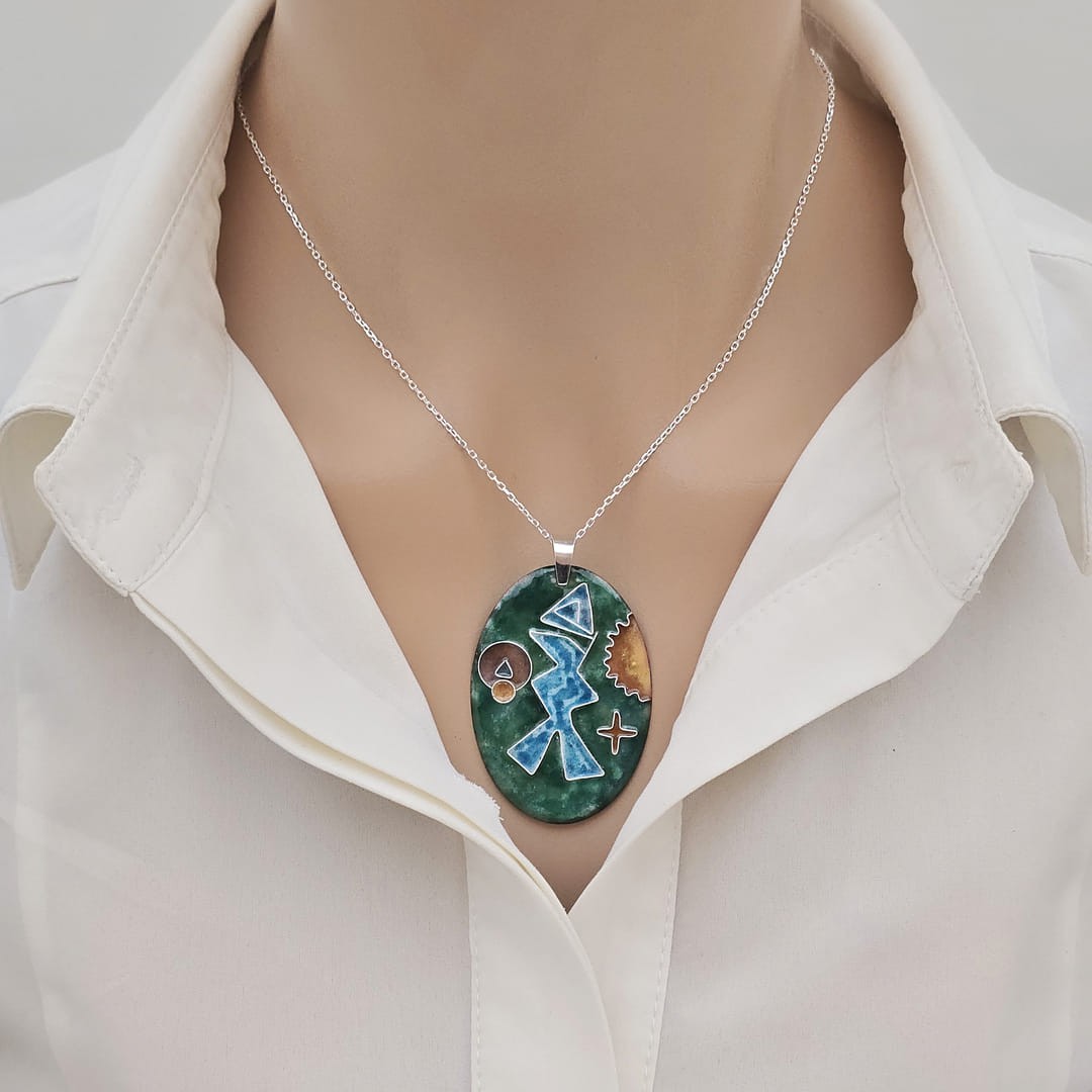Cloisonné Balık Kolye Yeşil Mavi Gümüş Zincirli