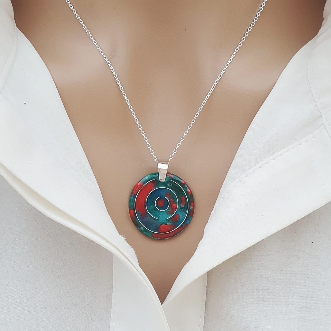 Ebruli Kolye Çift Taraflı Gümüş Zincirli