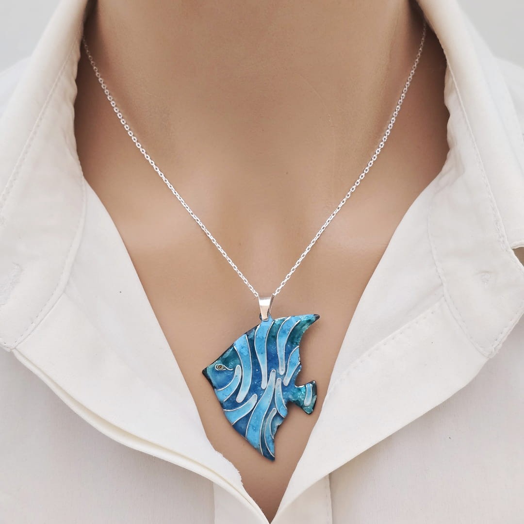 Cloisonné Blau Melek Balığı Kolye Gümüş Zincirli