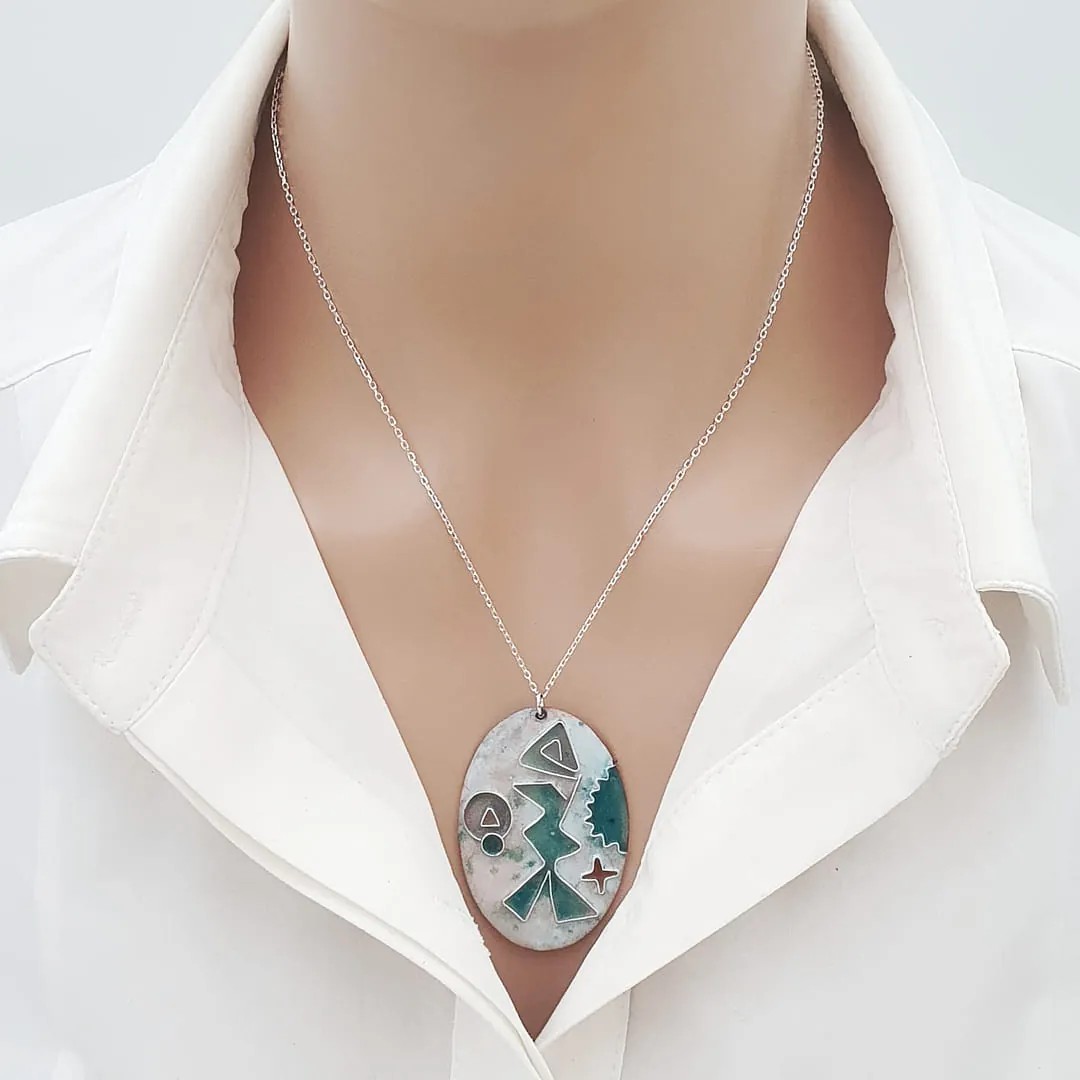 Cloisonné Balık Kolye Turkuaz Gümüş Zincirli